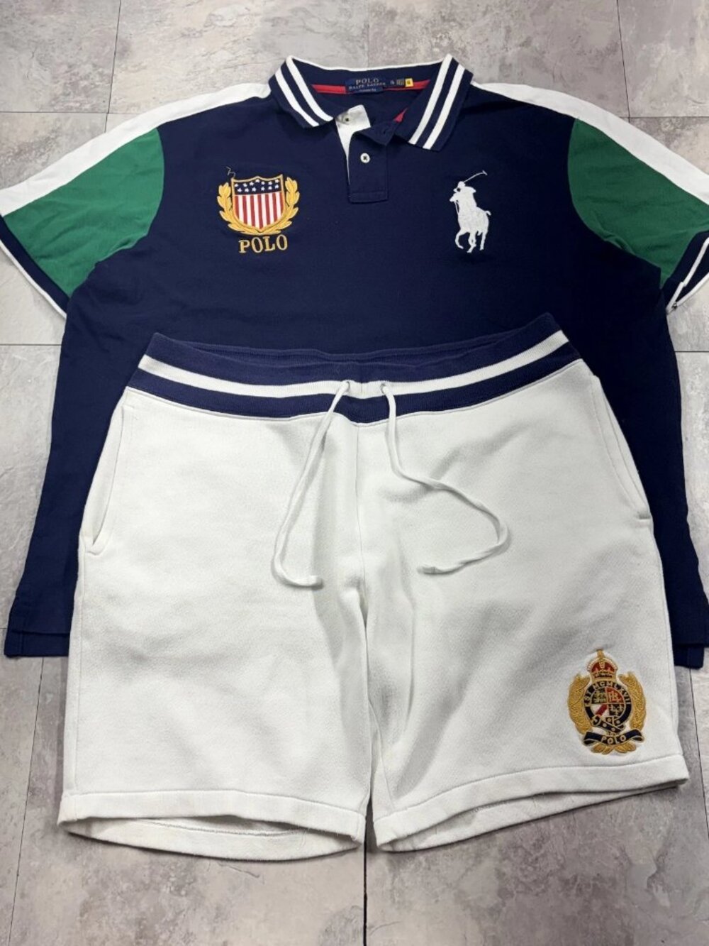 Polo Ralph Lauren Crest Polo Shirt Shorts Set Men's XL Navy White Green Y2K